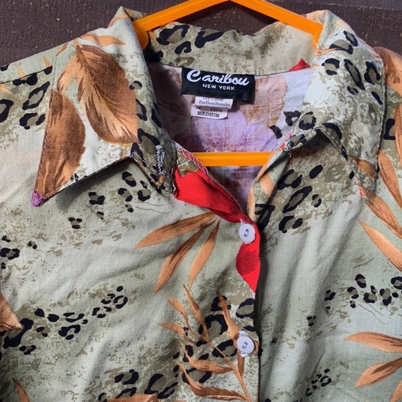 90s Vintage Leopard Tropical Floral Button Up Sleeveless Top Size Medium/Large - Picture 5 of 15